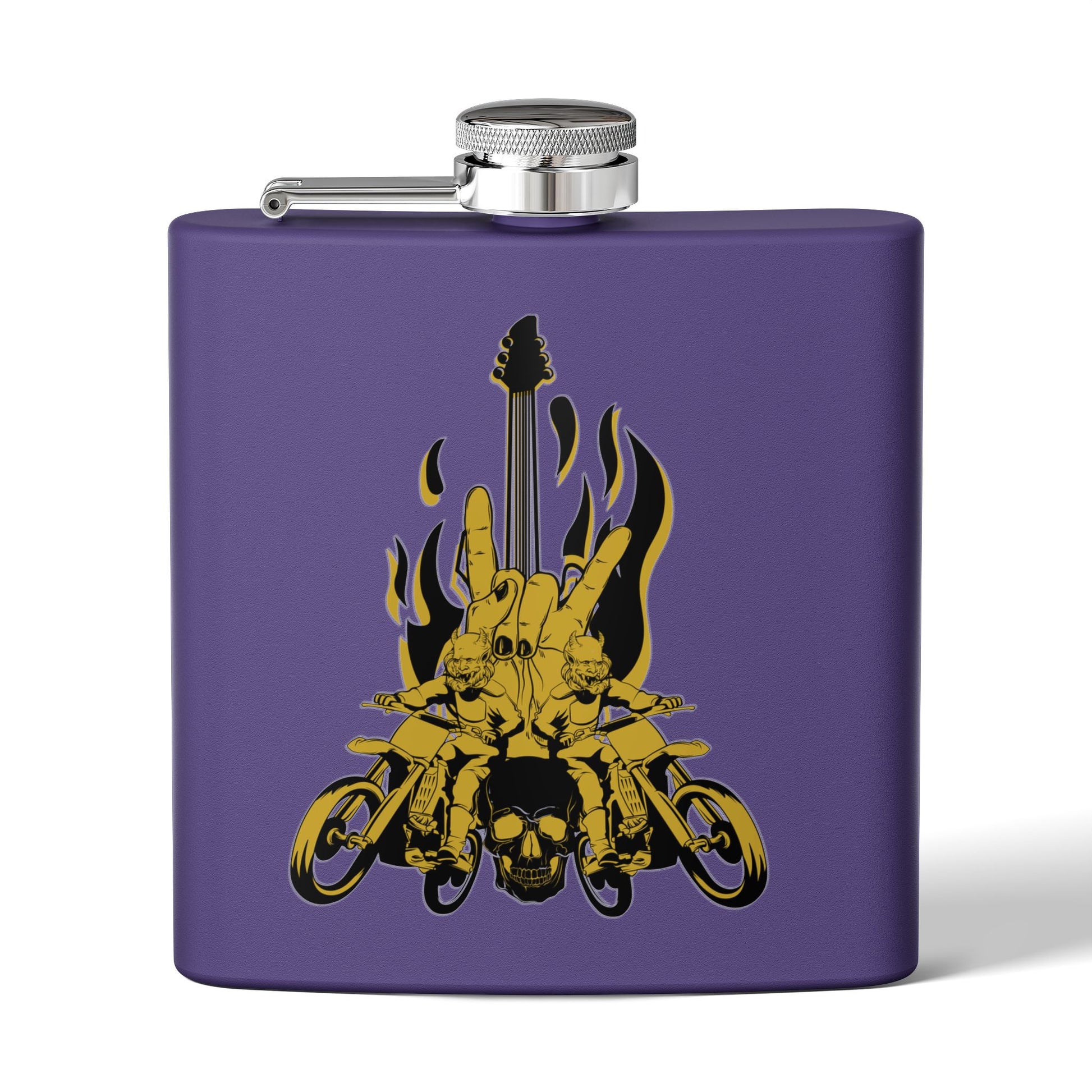 Edelstahl-Flachmann mit Rock 'n' Roll-Motiv – 170 ml, Totenkopf- und Gitarren-Design