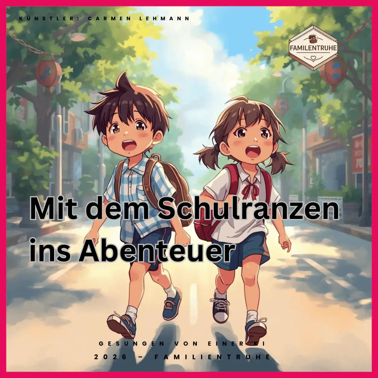 Kinderlied -Mit dem Schulranzen ins Abenteuer, Kinder laufen fröhlich zur Schule in einem bunten Illustrationsstil.