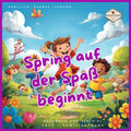 Kinderlied-Spring auf der Spaß beginnt - fröhliche Kinder tanzen und springen in einer bunten Landschaft.