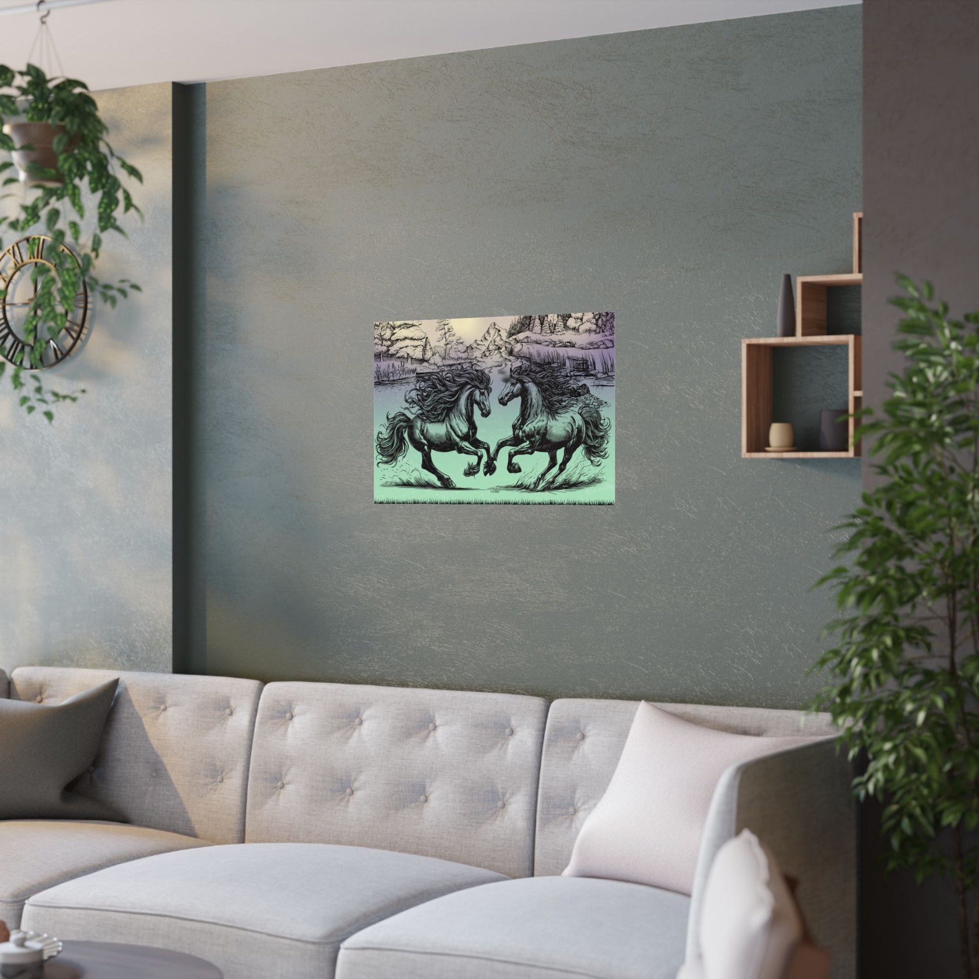 Vintage Pferde Kunst Satin Poster, zwei Pferde Wanddekoration, Einzigartiger Kunstdruck, Geschenk für Pferdeliebhaber