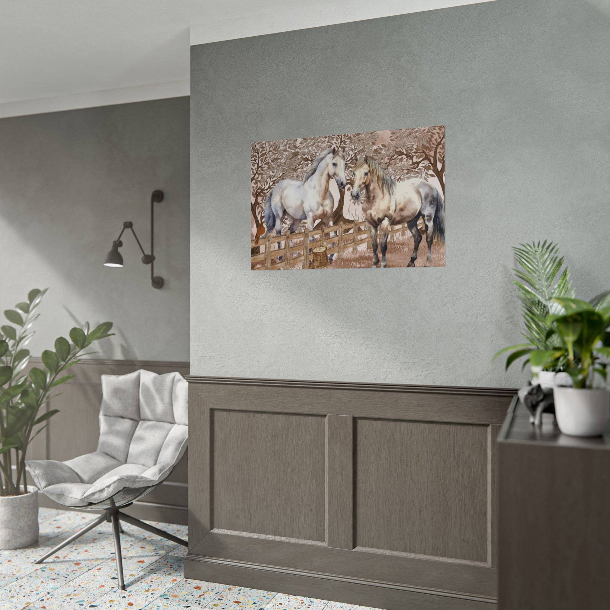 Poster - Two horses gray white checkered greeting each other at the fence