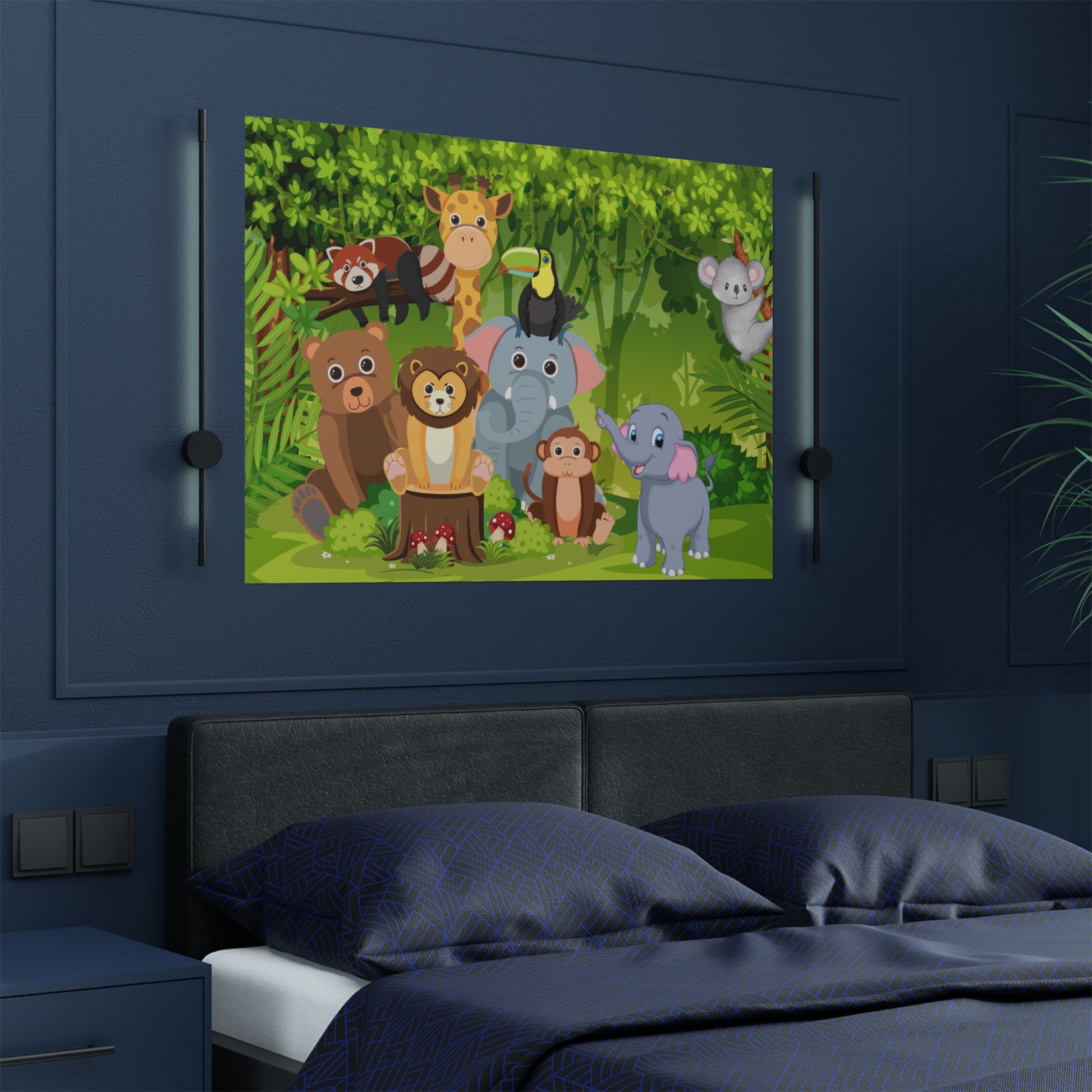 Buntes Satin-Poster mit Tierfreunden | Kinderzimmer-Dekor, Kinderzimmer-Wandkunst, Spielzimmer-Dekoration, Dschungeltiere-Druck, Babyparty-Geschenk