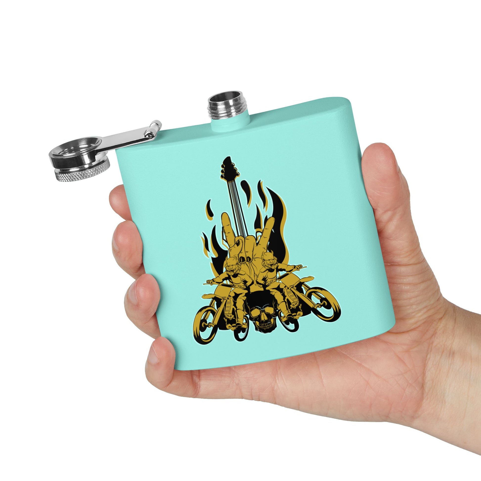 Edelstahl-Flachmann mit Rock 'n' Roll-Motiv – 170 ml, Totenkopf- und Gitarren-Design