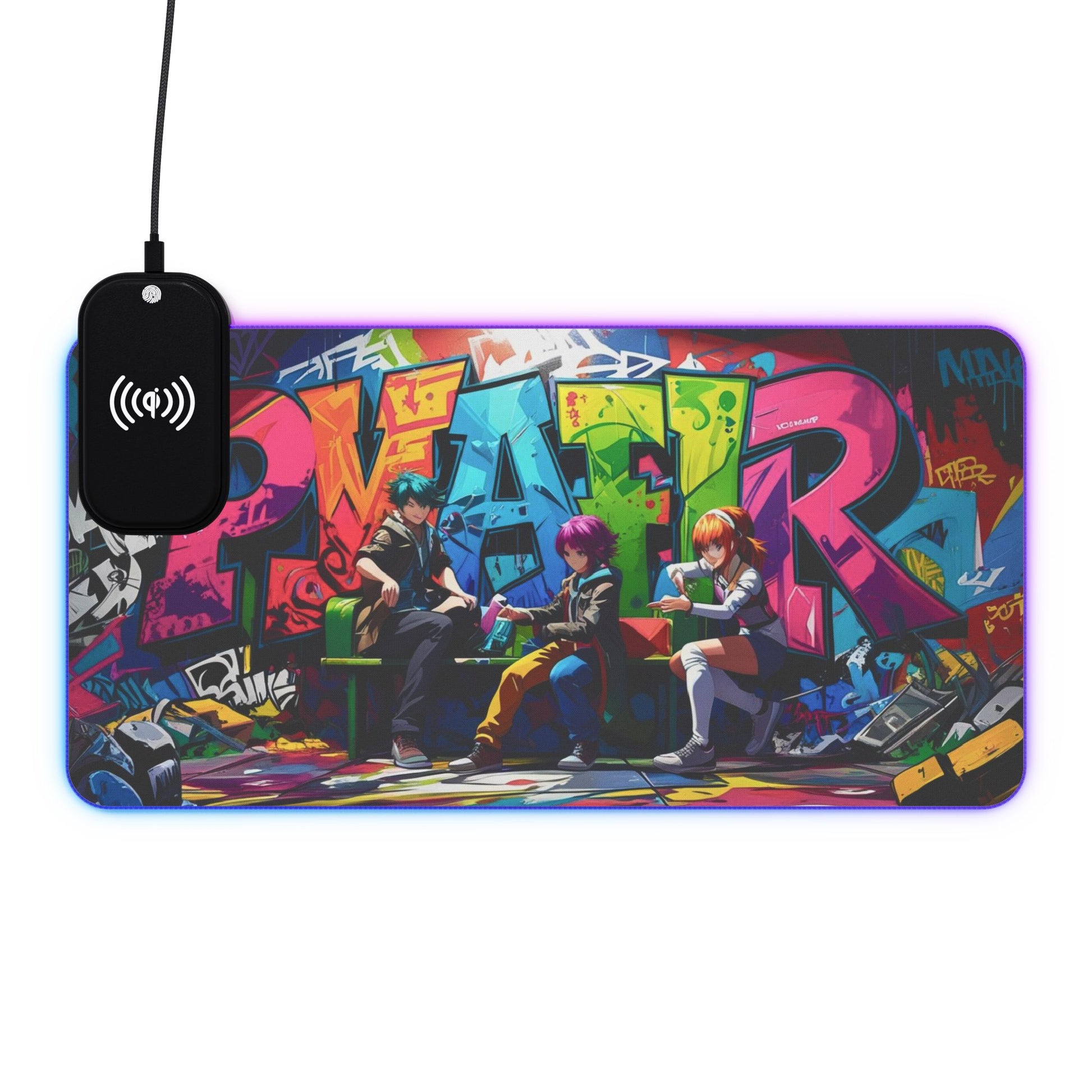 LED-Gaming-Mauspad – Kabelloses Laden, buntes Graffiti-Design, Gamer-Geschenk, Schreibtisch-Accessoire, einzigartiges Bürodekor