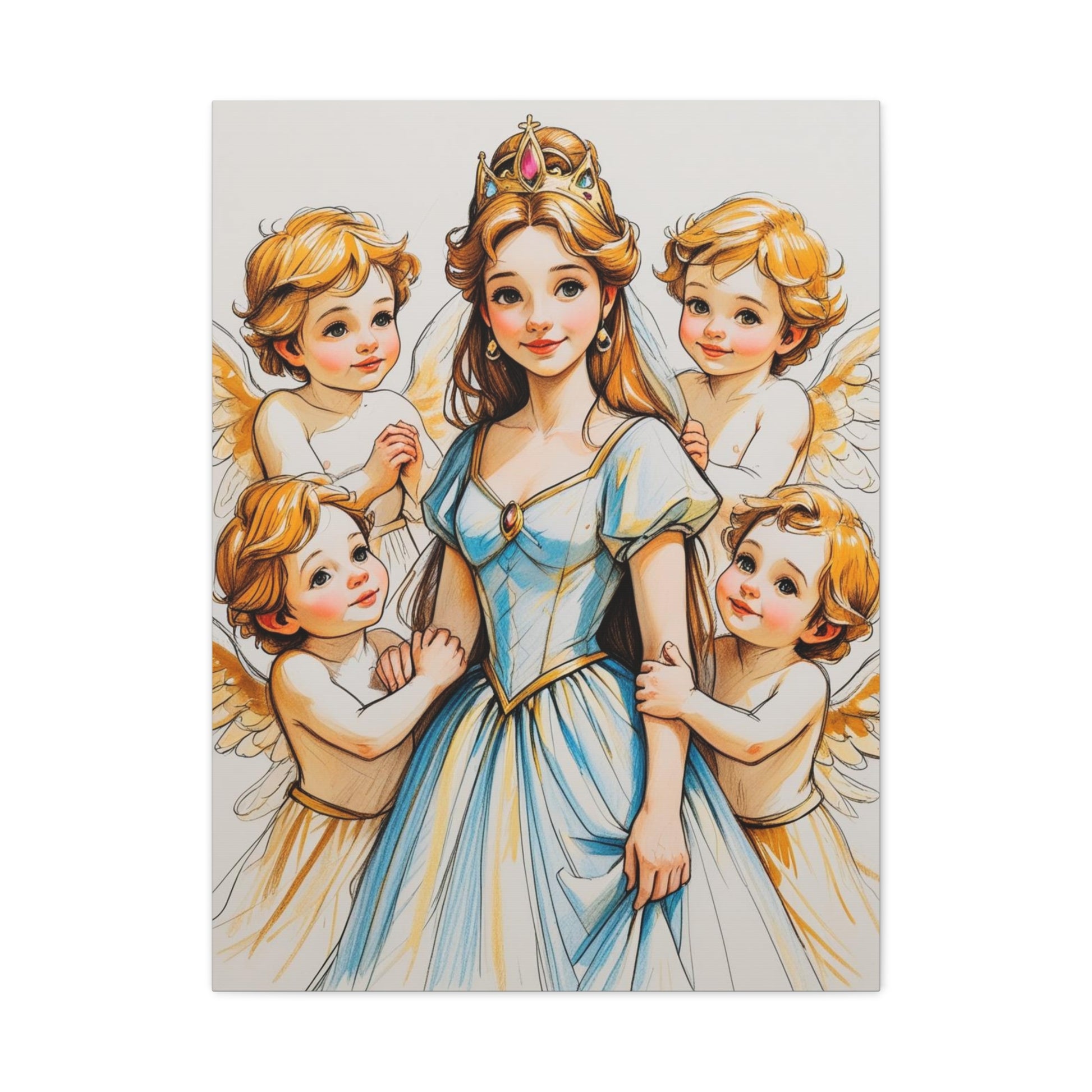 Prinzessin mit ein Seiden mehrfarbiges  blaues Kleid und kleine Engel in Mal Motiv