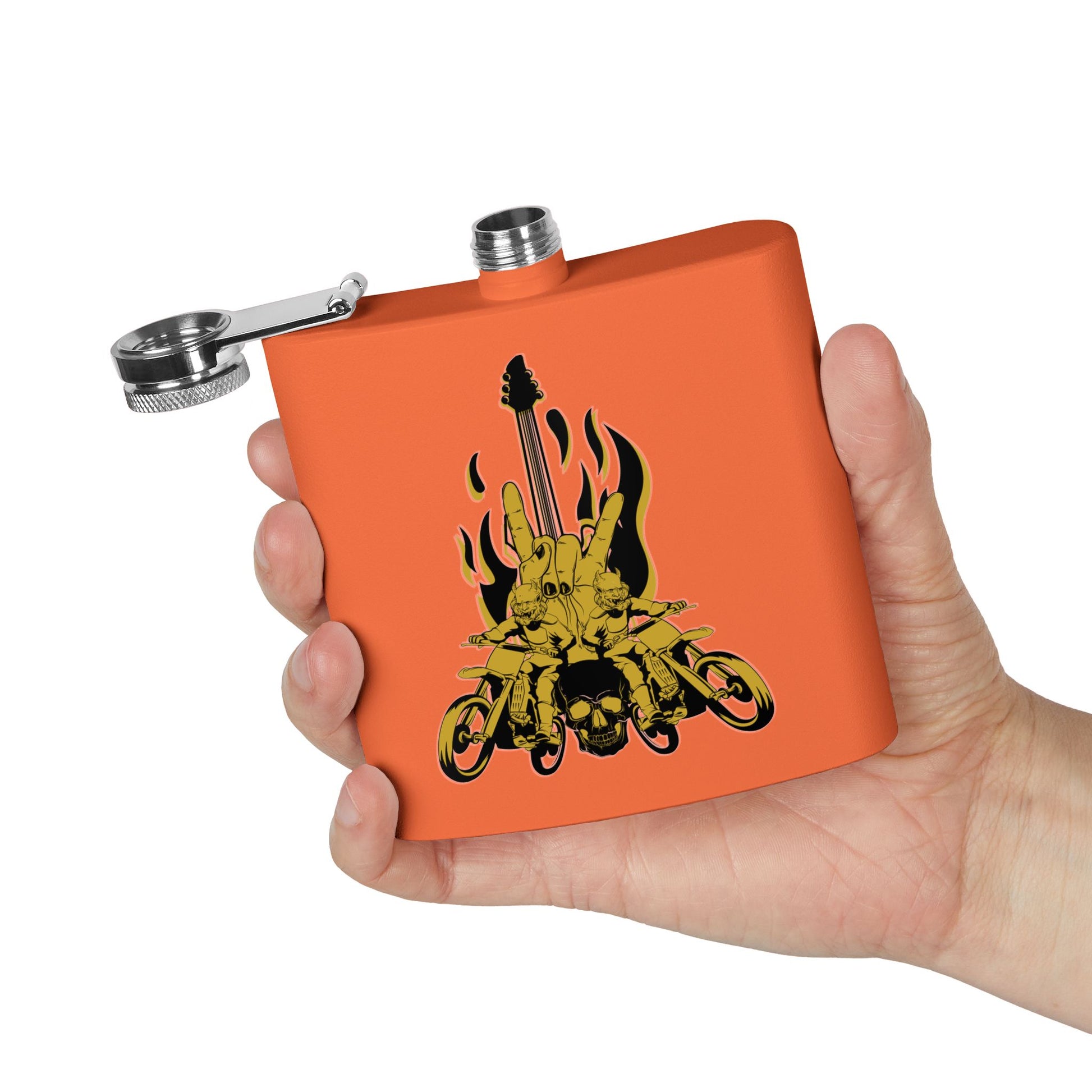Edelstahl-Flachmann mit Rock 'n' Roll-Motiv – 170 ml, Totenkopf- und Gitarren-Design