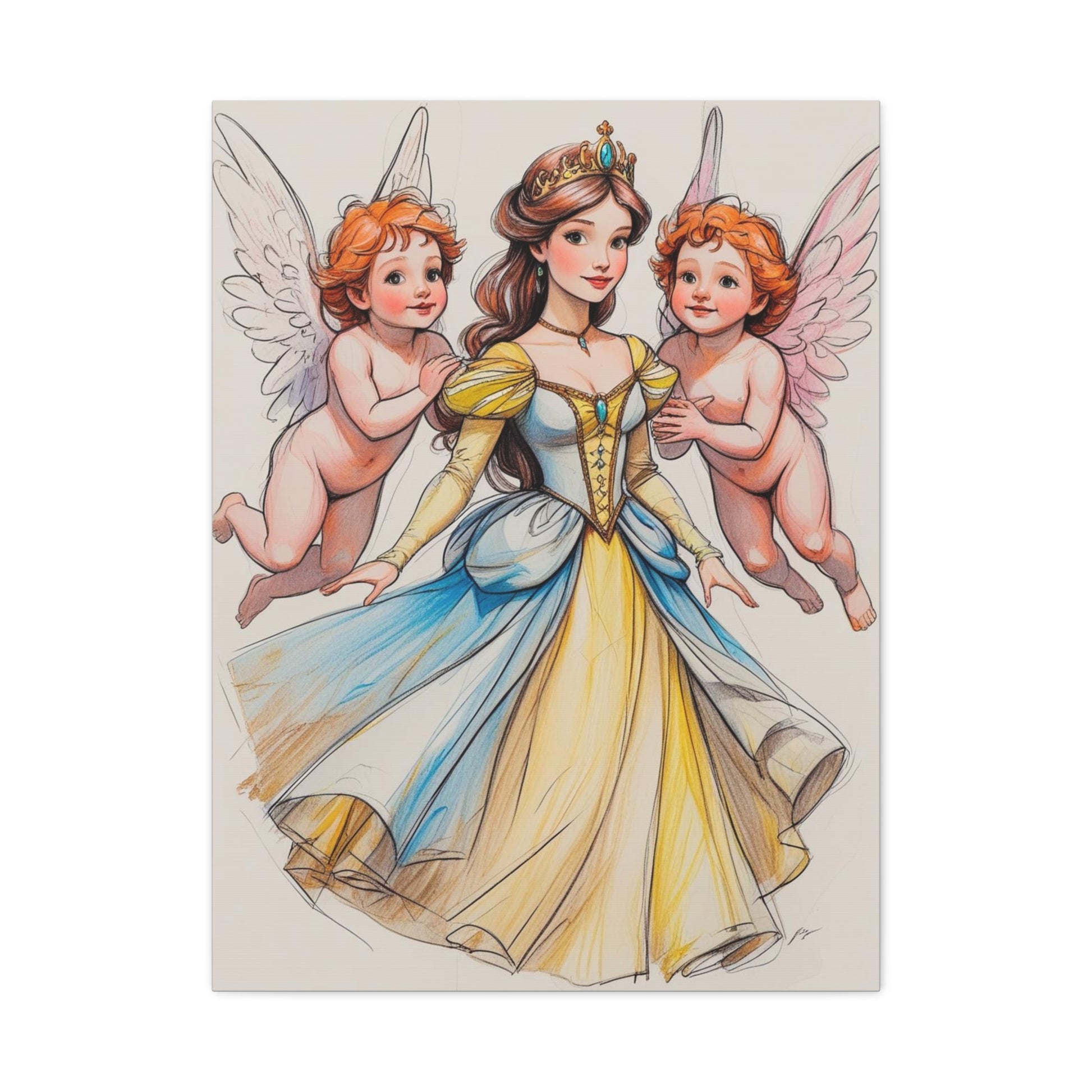 Prinzessin mit ein Seiden mehrfarbiges  Gelb  blaues Kleid und kleine Engel in Mal Motiv