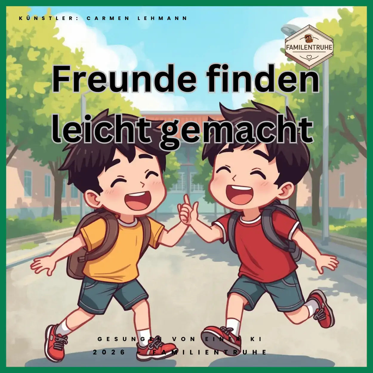 Kinderlied-Freunde finden leicht gemacht mit fröhlichen Kindern, die begeistert Freundschaft feiern.