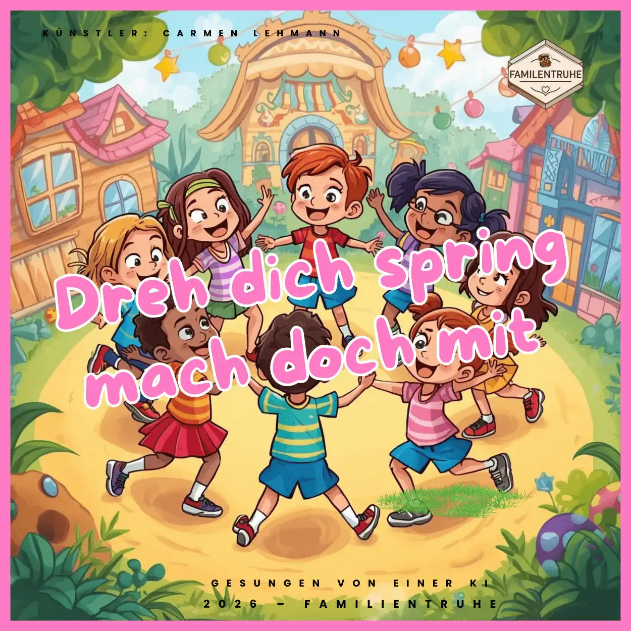 Kinderlied-Dreh dich Spring mach doch mit, fröhliche Kinder beim Tanzen und Spielen im Freien.