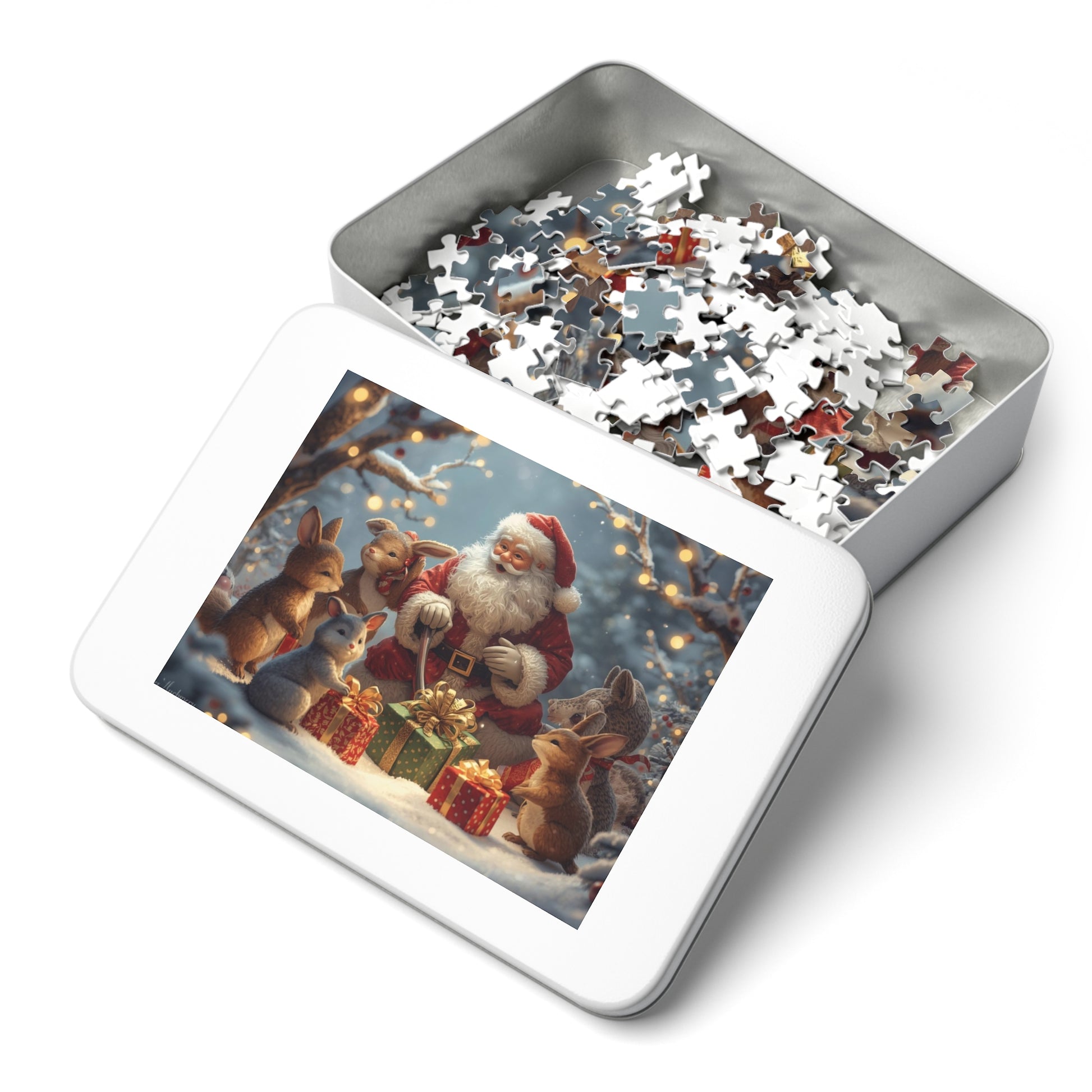 Weihnachtspuzzle mit Weihnachtsmann und Tieren, Weihnachtsgeschenk, Familienaktivität, festliche Dekoration, Puzzle-Enthusiasten, gemütlicher Winterspaß