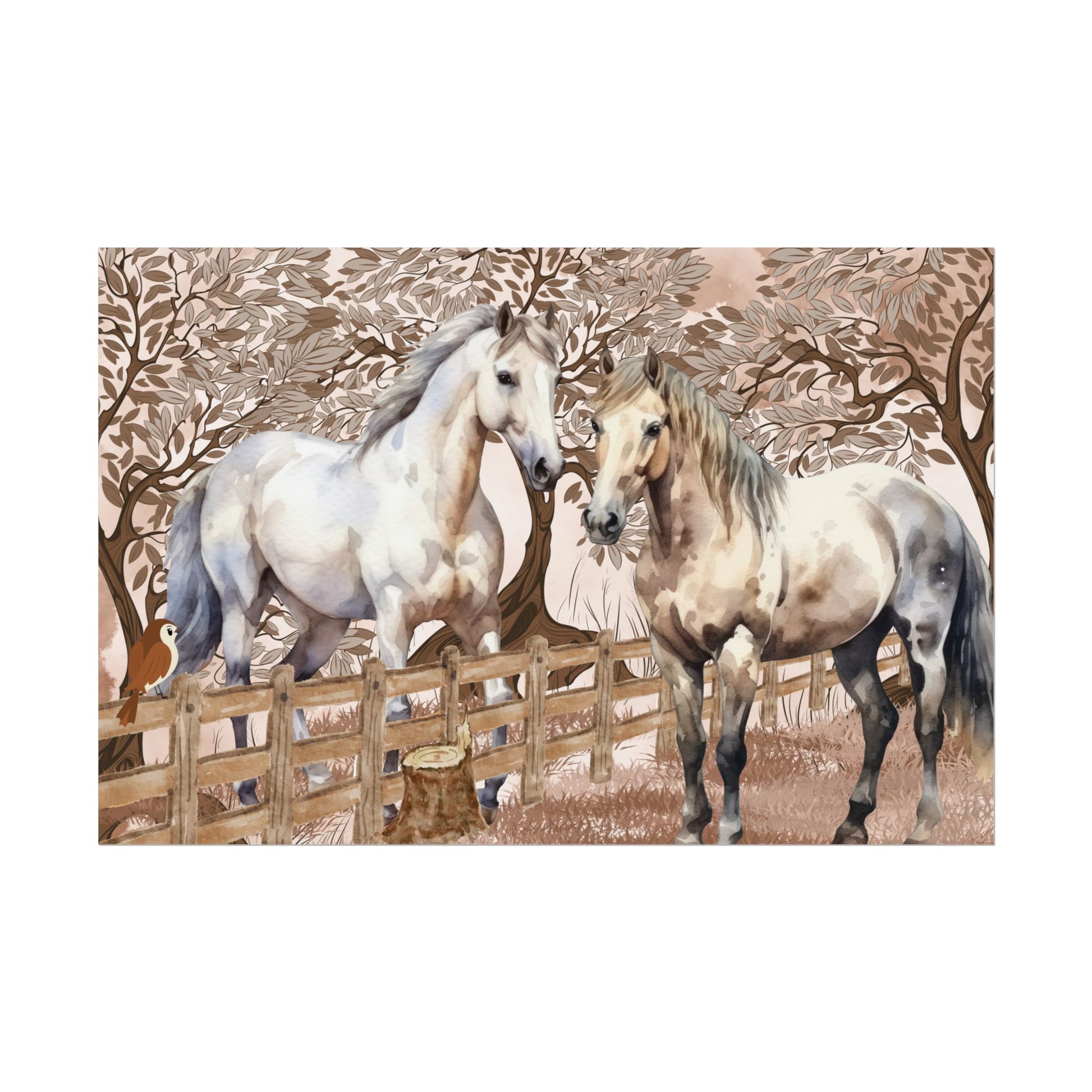 Poster - Two horses gray white checkered greeting each other at the fence