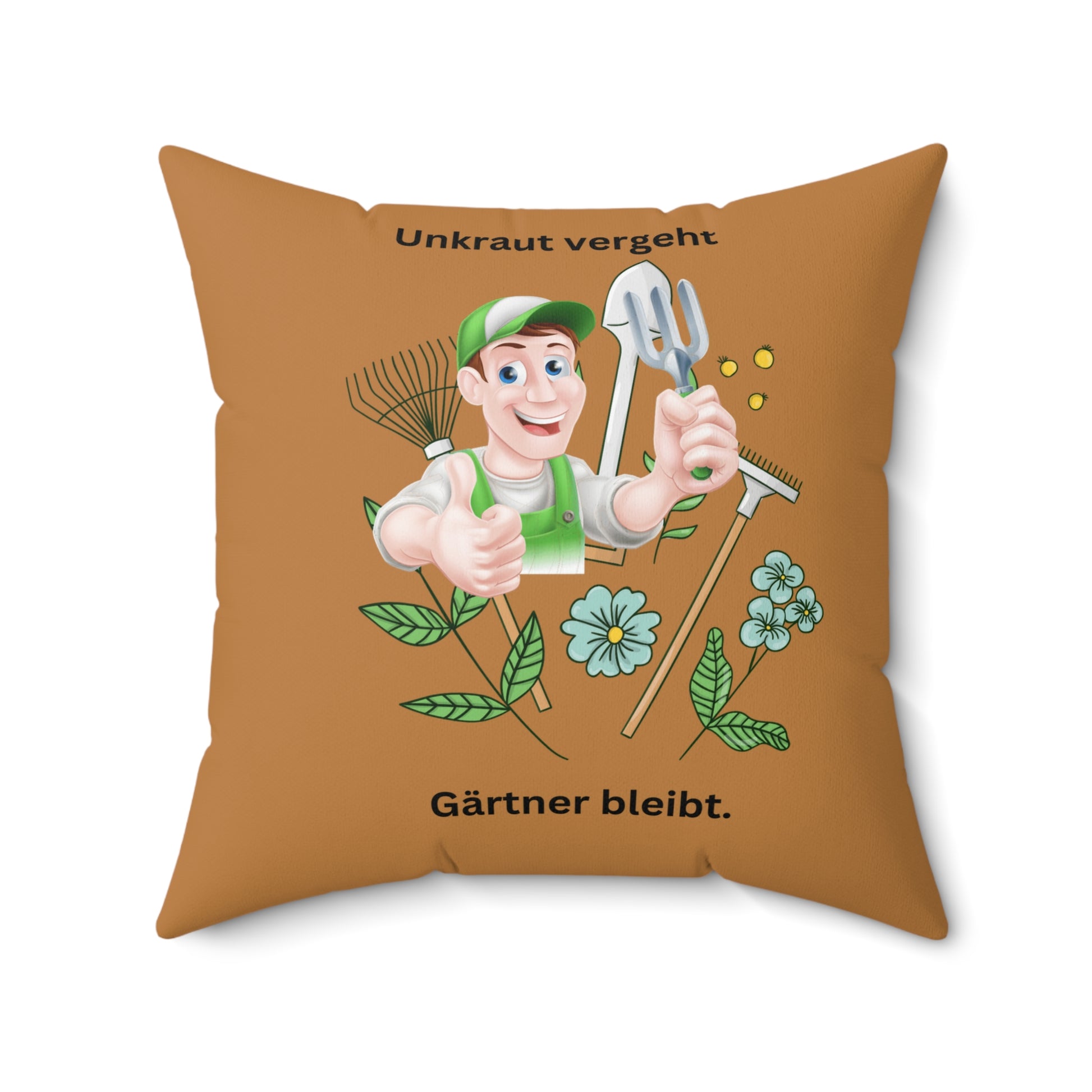 Quadratisches Gärtnerkissen, gemütliche Wohndekoration, Geschenk mit grünem Daumen, Gartenbegeisterte, einzigartiges Wurfkissen, Unkraut vergeht Gärtner bleibt