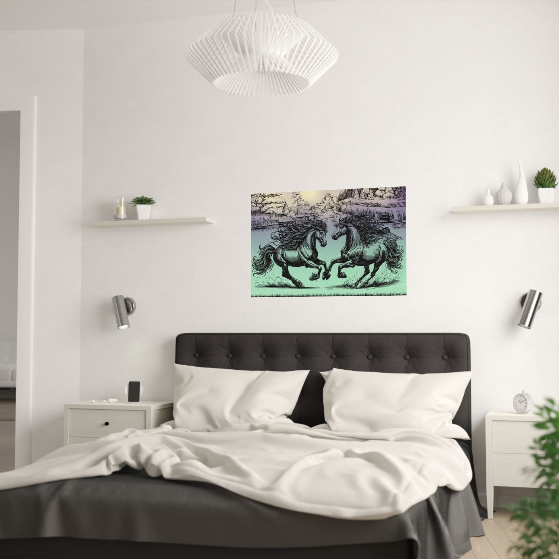 Vintage Pferde Kunst Satin Poster, zwei Pferde Wanddekoration, Einzigartiger Kunstdruck, Geschenk für Pferdeliebhaber