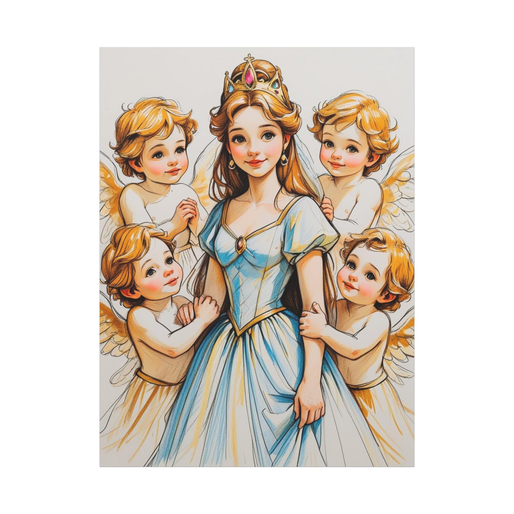 Prinzessin mit ein Seiden mehrfarbiges  blaues Kleid und kleine Engel in Mal Motiv in Großformat