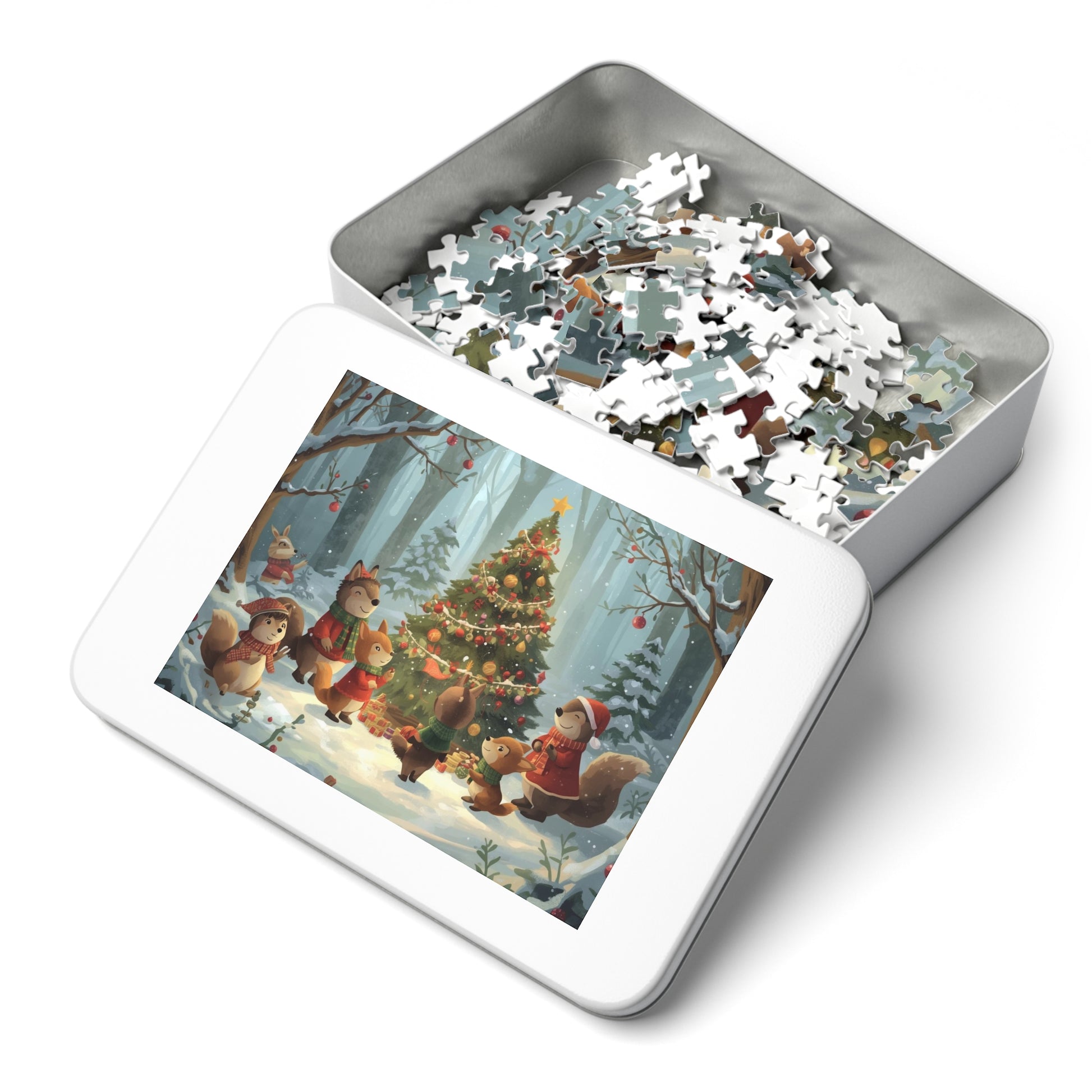 Festliches Tierpuzzle mit Sammeldose, Weihnachtspuzzle, Weihnachtsgeschenk, Familienspaß, gemütliche Winteraktivität