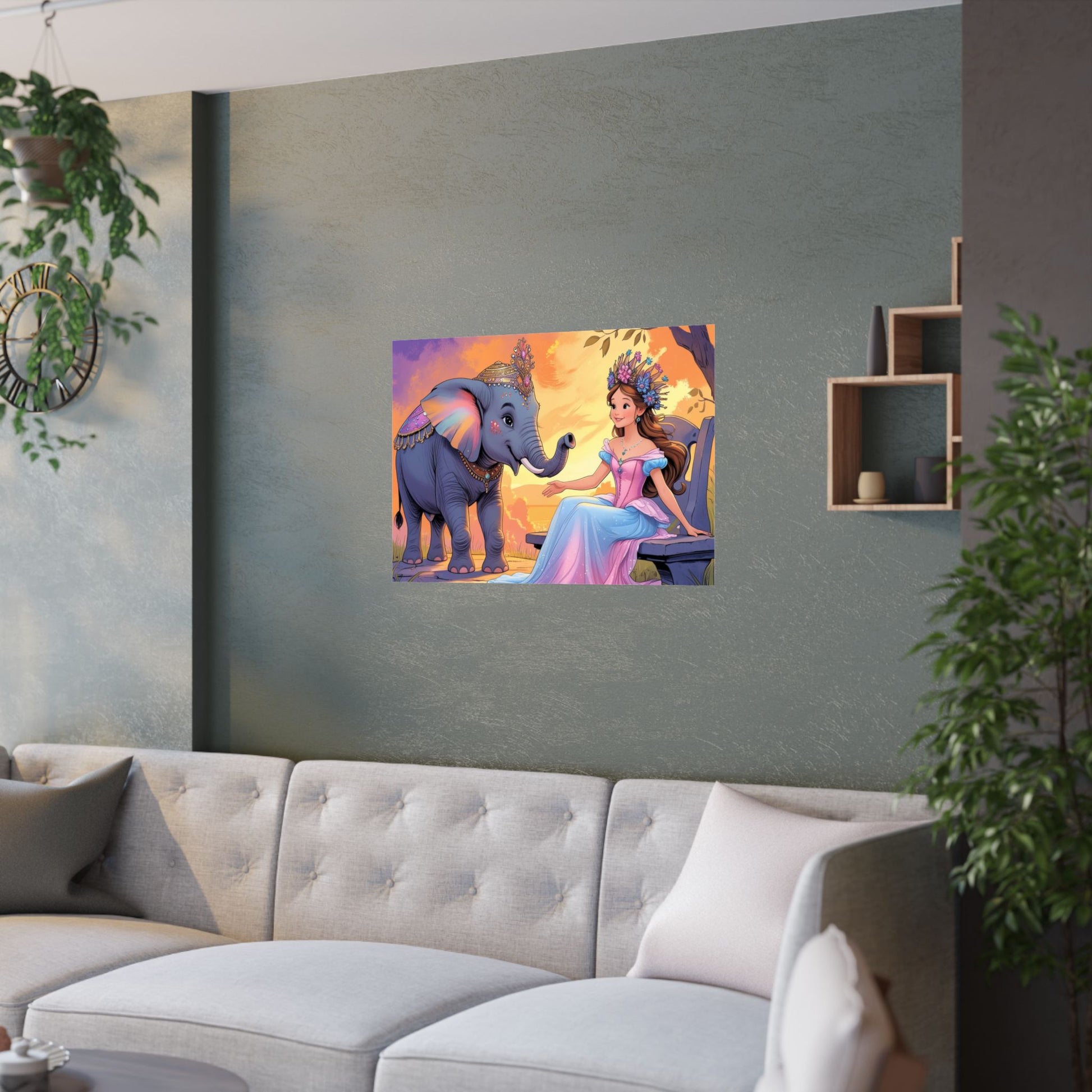 Skurriler Wandkunstdruck, Satinposter zur Dekoration des Kinderzimmers, Elefanten- und Prinzessinnenillustration, Kinderzimmerkunst, Geschenk zur Babyparty