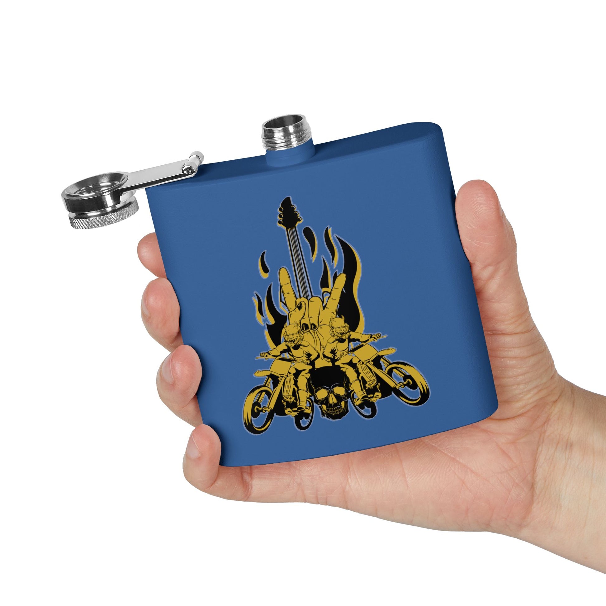 Edelstahl-Flachmann mit Rock 'n' Roll-Motiv – 170 ml, Totenkopf- und Gitarren-Design