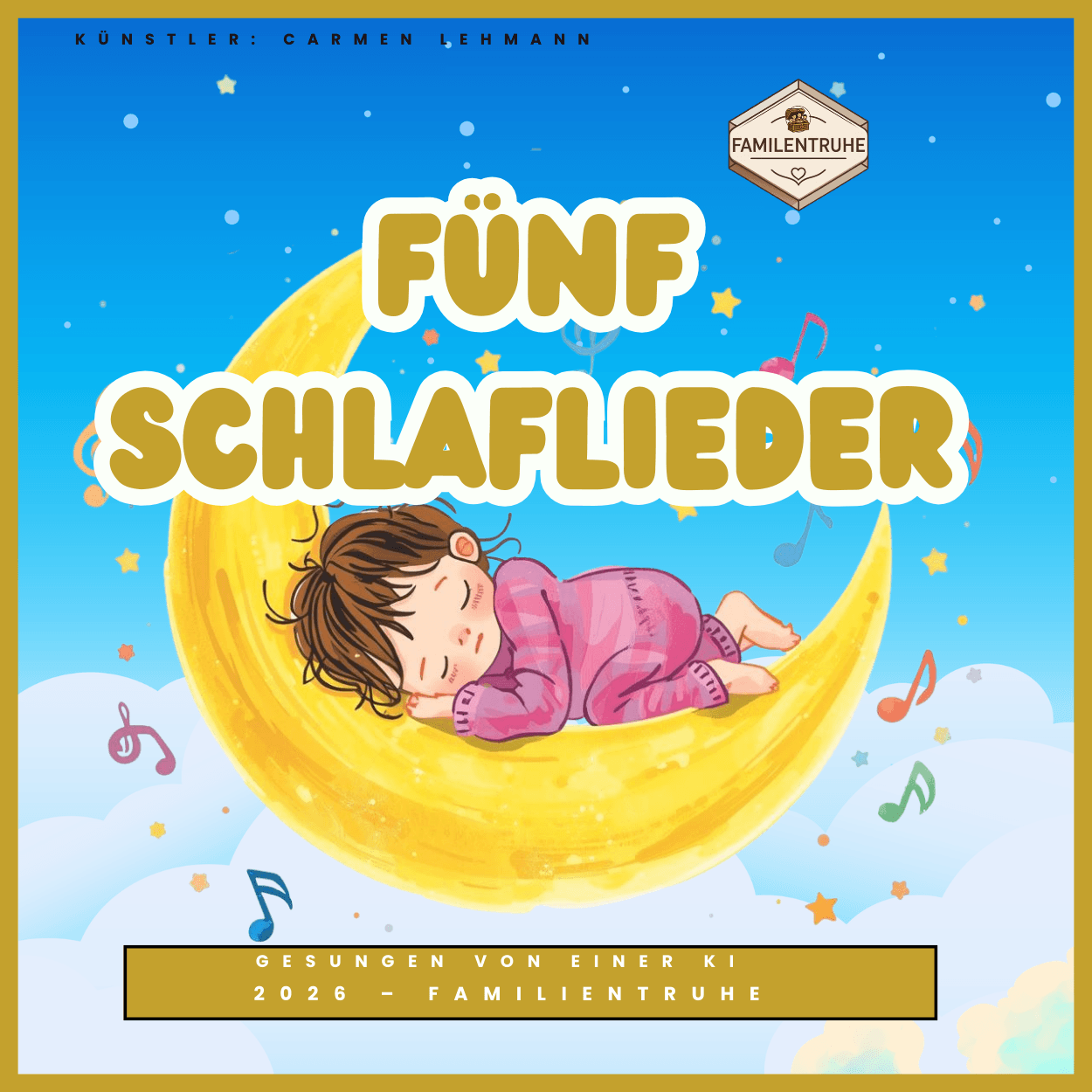 5 Schlaflieder Nummer 2 - Spar-Paket Cover mit schlafendem Kind auf einer gelben Mondsichel.