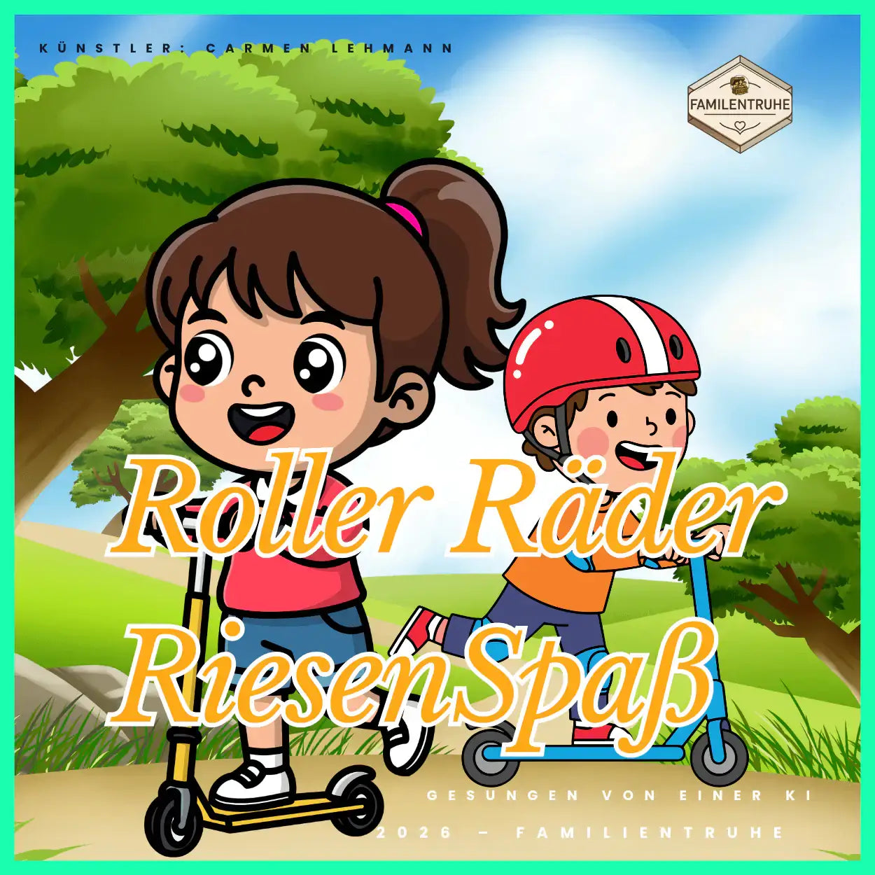 Kinderlied-Roller Räder Riesen Spaß für kleine Roller-Fans mit fröhlichen Charakteren im Kinderzimmer.