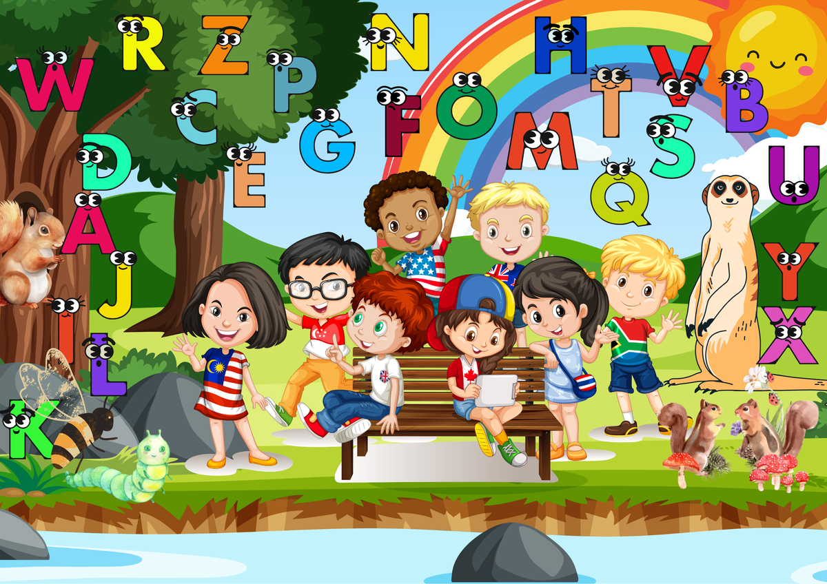 ABC Kindertreffen am See Digital: Kinder lernen Buchstaben am See, umgeben von Natur und bunten Buchstaben.