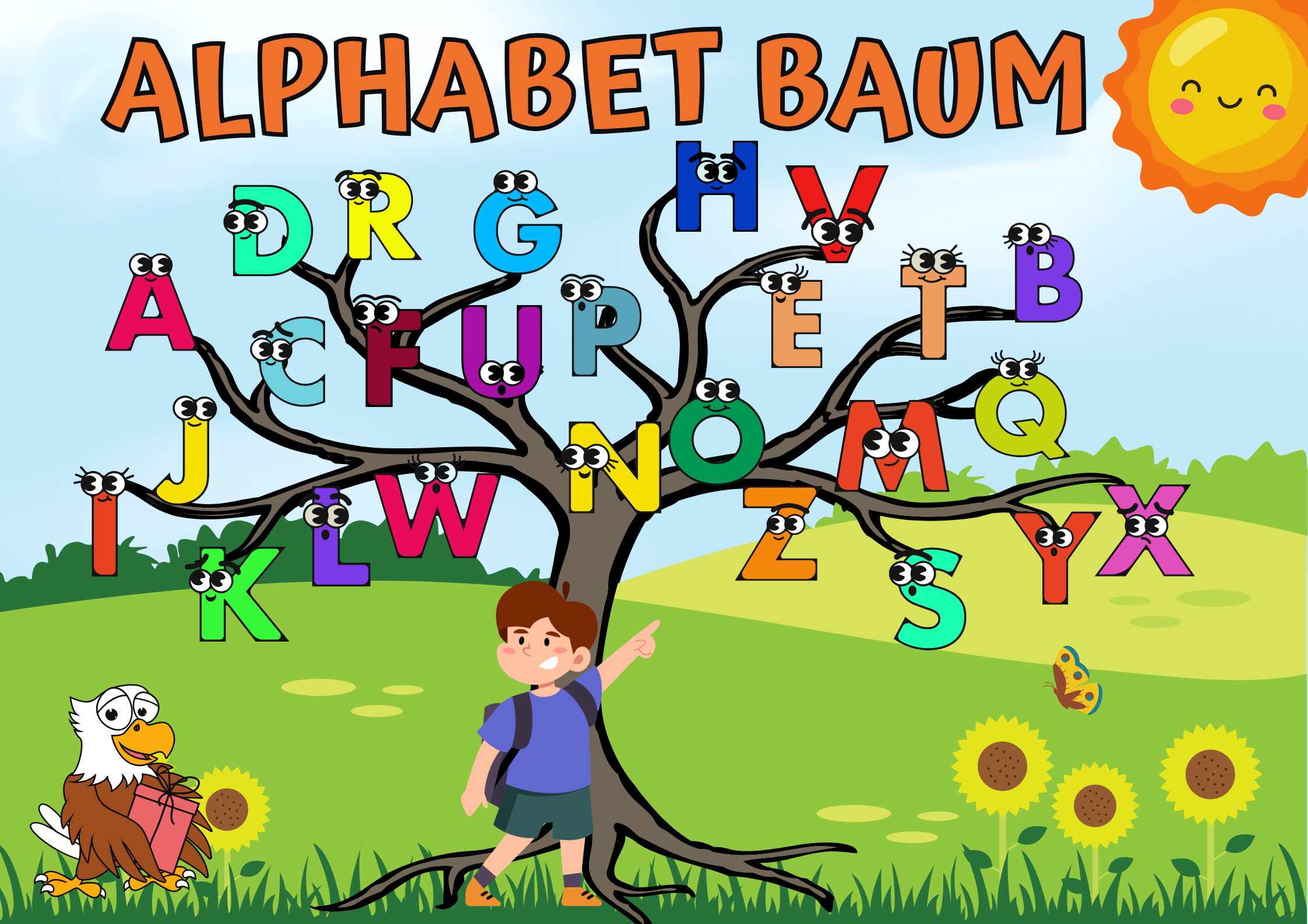 Alphabet Baum Poster-Digital für Kinder, buntes ABC-Poster mit Baum und spielenden Kindern.