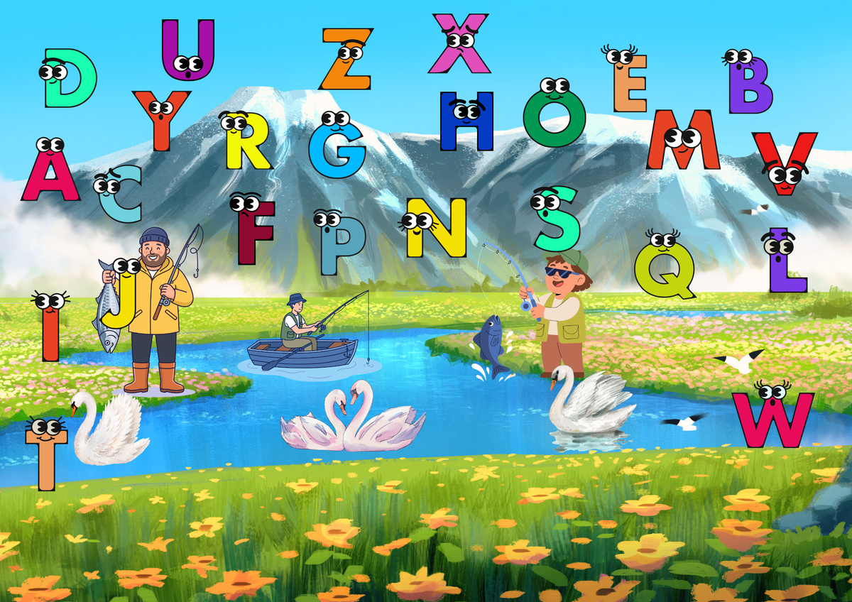 Angler am See ABC Poster Digital mit bunten Buchstaben und Naturmotiven am See.