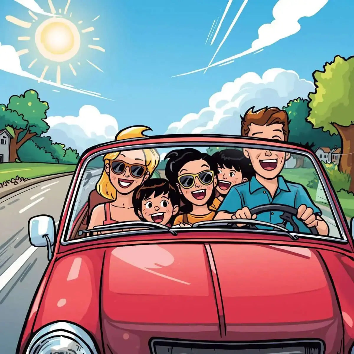 E-Book -Spiele für Kinder im Auto: Familie genießt eine fröhliche Autofahrt mit Spaß und Spielen.