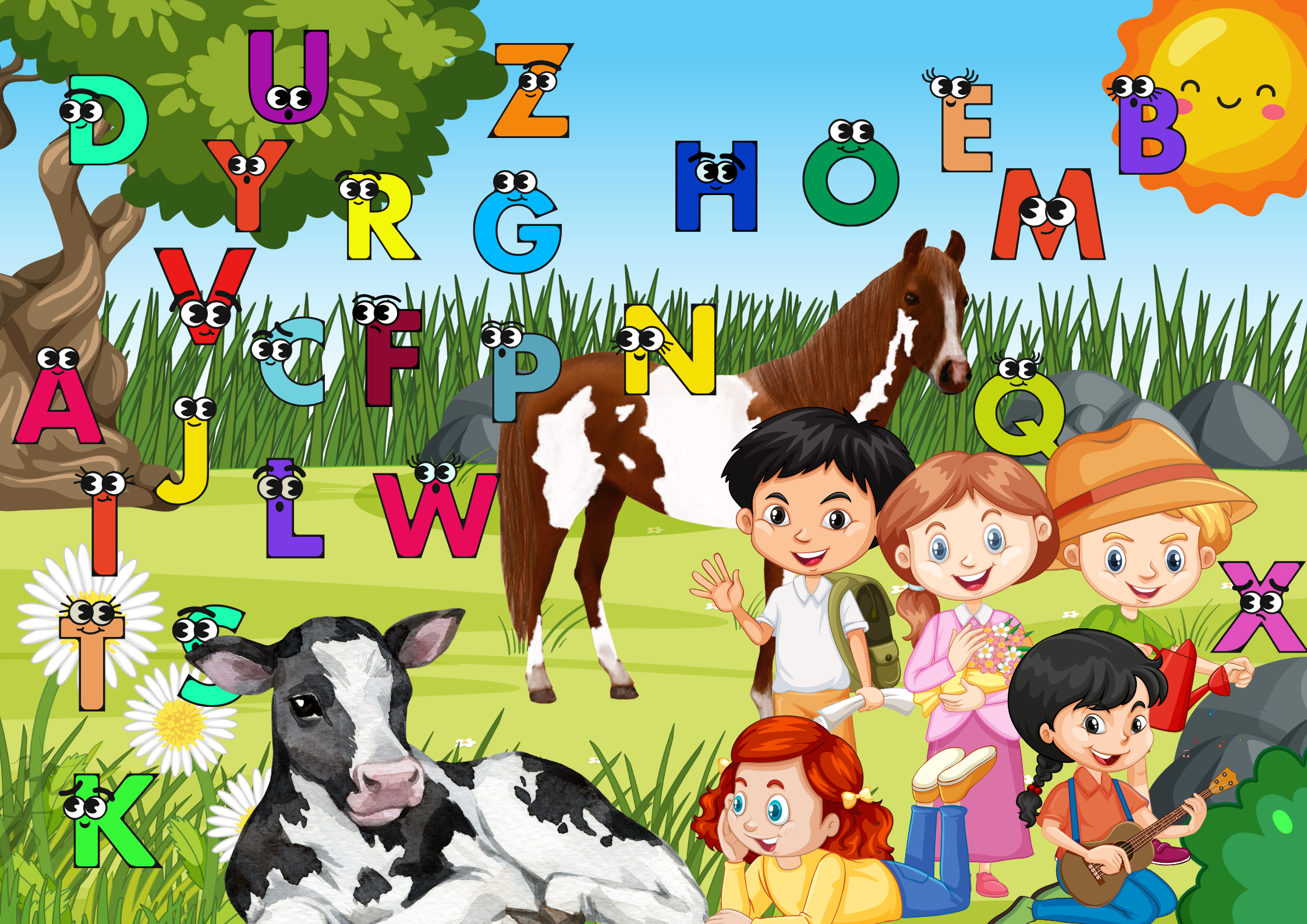 Bauernhof ABC Poster Digital für Kinder mit fröhlichen Illustrationen von Tieren und Kindern im Grünen.
