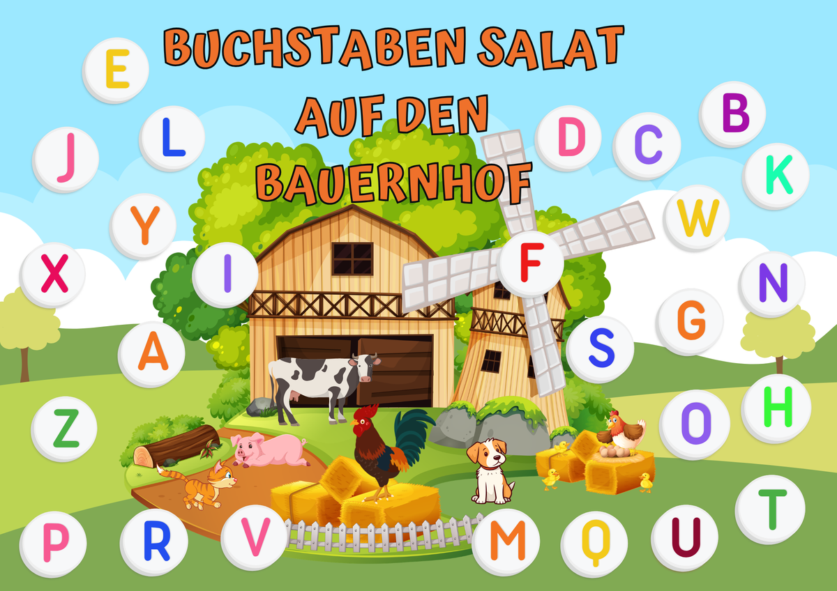 Buchstabensalat auf dem Bauernhof Digital mit Tieren und Buchstaben auf einem Bauernhof-Hintergrund.