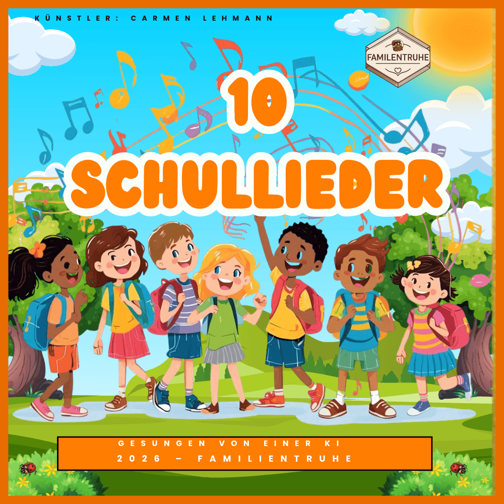 10 Schullieder Nummer 1 - Mega Spar-Paket mit fröhlichen Kindern und Musikelementen auf dem Cover.