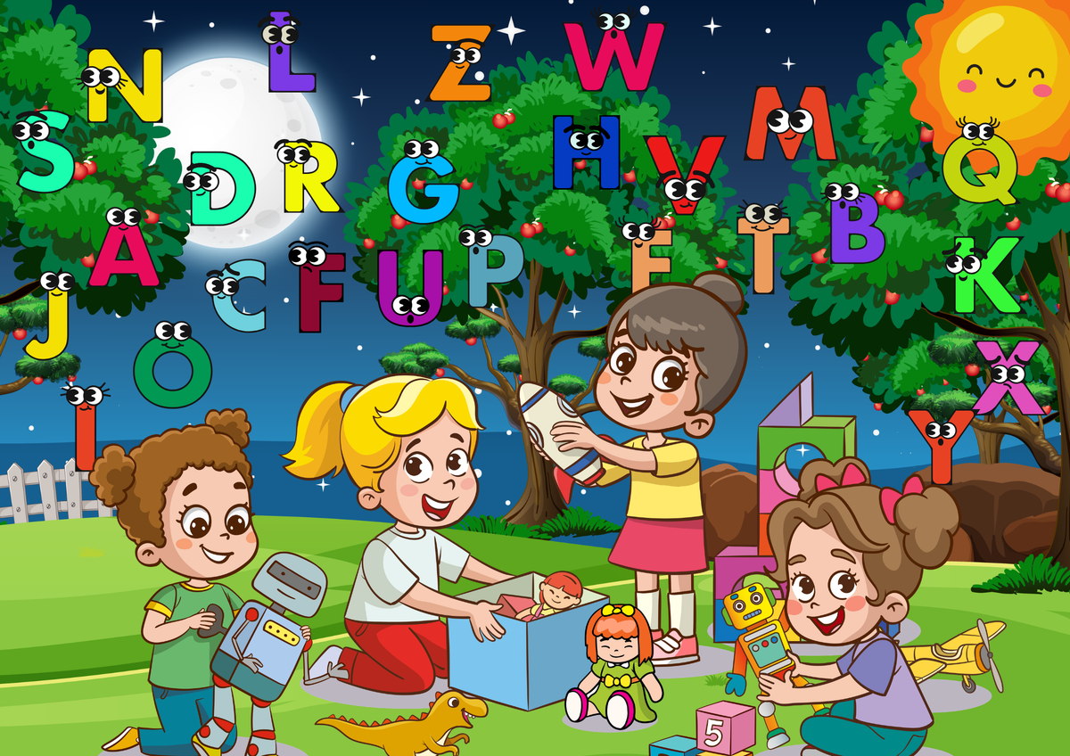 Geschenke ABC Poster Digital für Kinder, fröhliche Kinder spielen mit Buchstaben und Spielzeug im Freien.