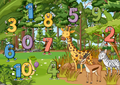 Giraffe und seine Freunde im Zahlenwald Poster Digital mit bunten Zahlen und Tieren im Wald.