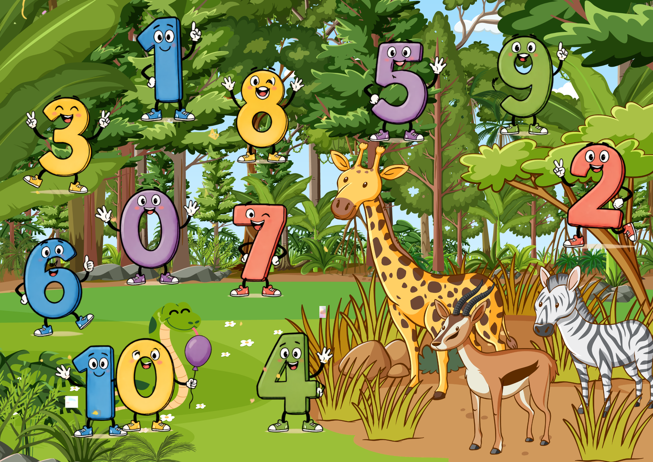 Giraffe und seine Freunde im Zahlenwald Poster Digital mit bunten Zahlen und Tieren im Wald.