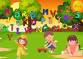 Grüne Wiese ABC Poster Digital mit fröhlichen Kindern, bunten Buchstaben und einem sonnigen Hintergrund.