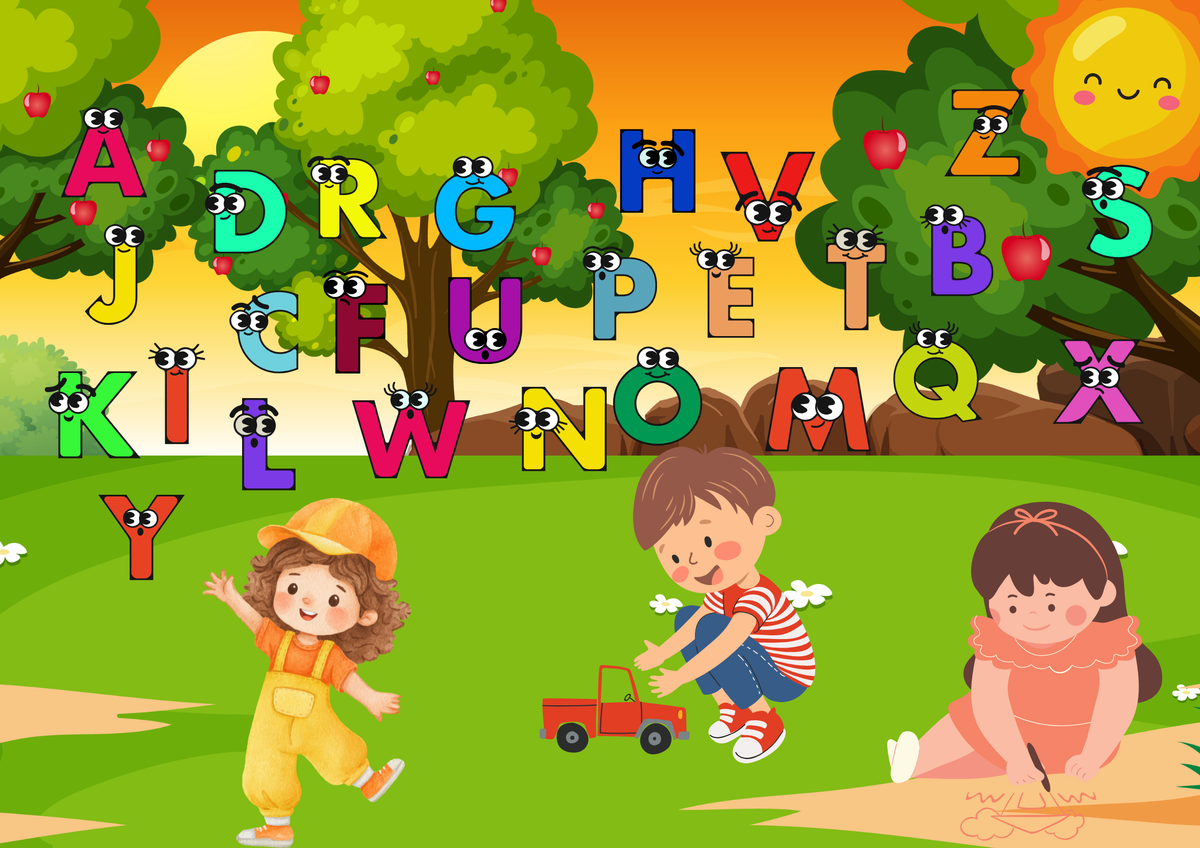 Grüne Wiese ABC Poster Digital mit fröhlichen Kindern, bunten Buchstaben und einem sonnigen Hintergrund.