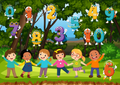 Kinder auf einer Zahlenwiese Poster Digital mit fröhlichen Kindern und bunten Zahlen in einer naturbelassenen Umgebung.
