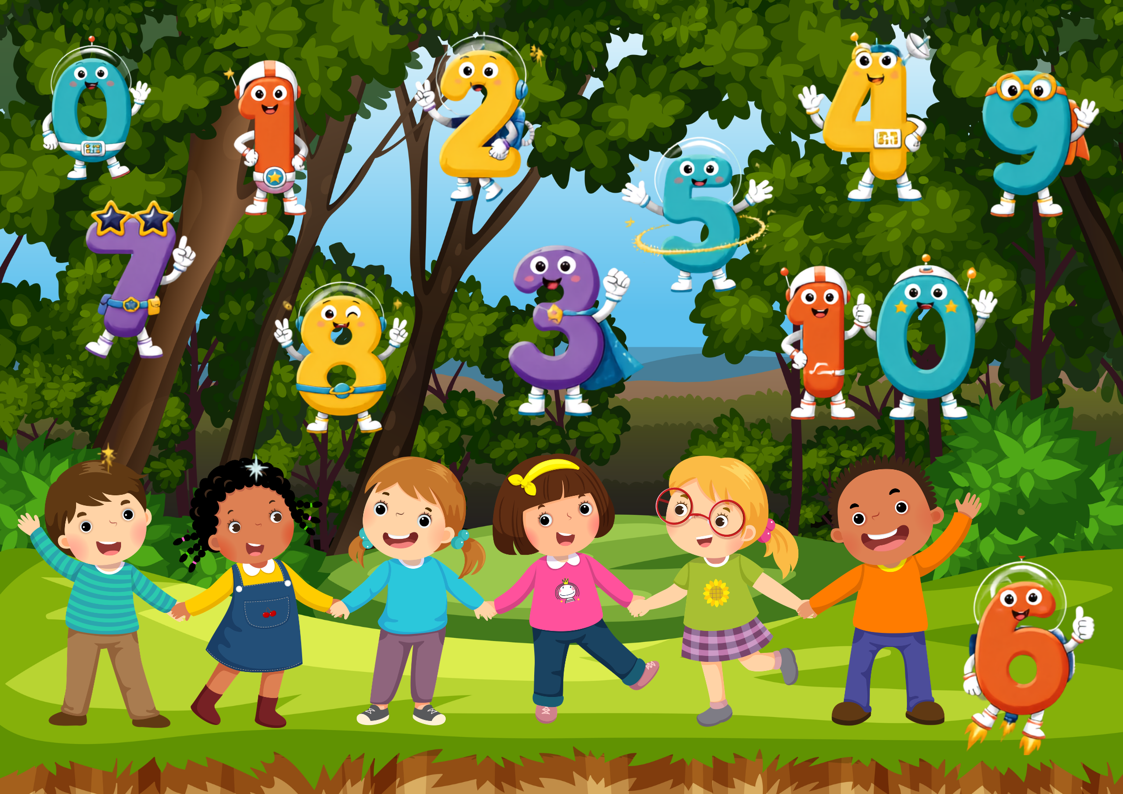 Kinder auf einer Zahlenwiese Poster Digital mit fröhlichen Kindern und bunten Zahlen in einer naturbelassenen Umgebung.