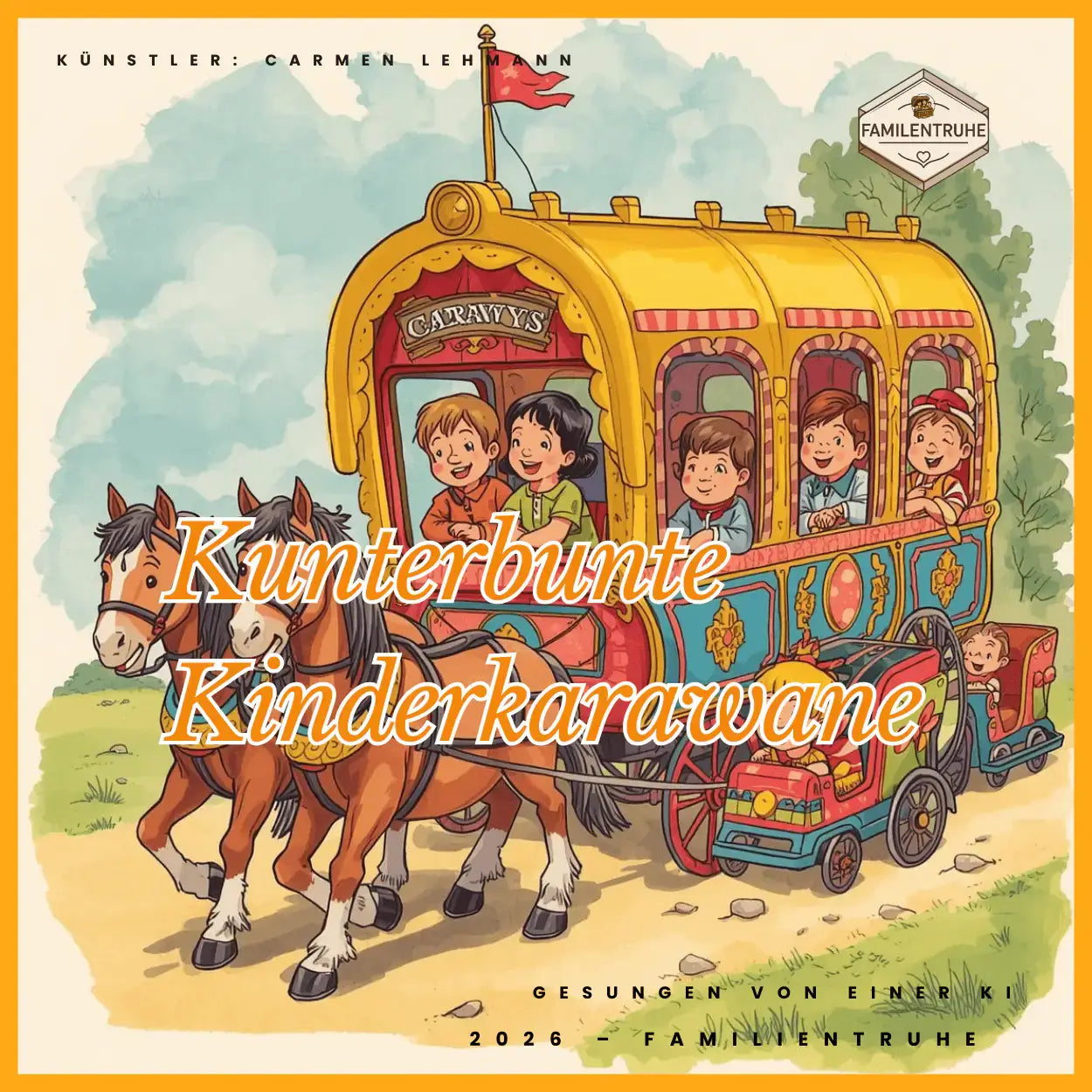 Illustration von einer Kunterbunte Kinderkarawane mit fröhlichen Kindern, die ein Kinderlied erleben.