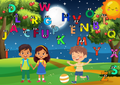 Nachtmond ABC Poster -Digital mit fröhlichen Kindern, bunten Buchstaben und einem leuchtenden Mond im Hintergrund.