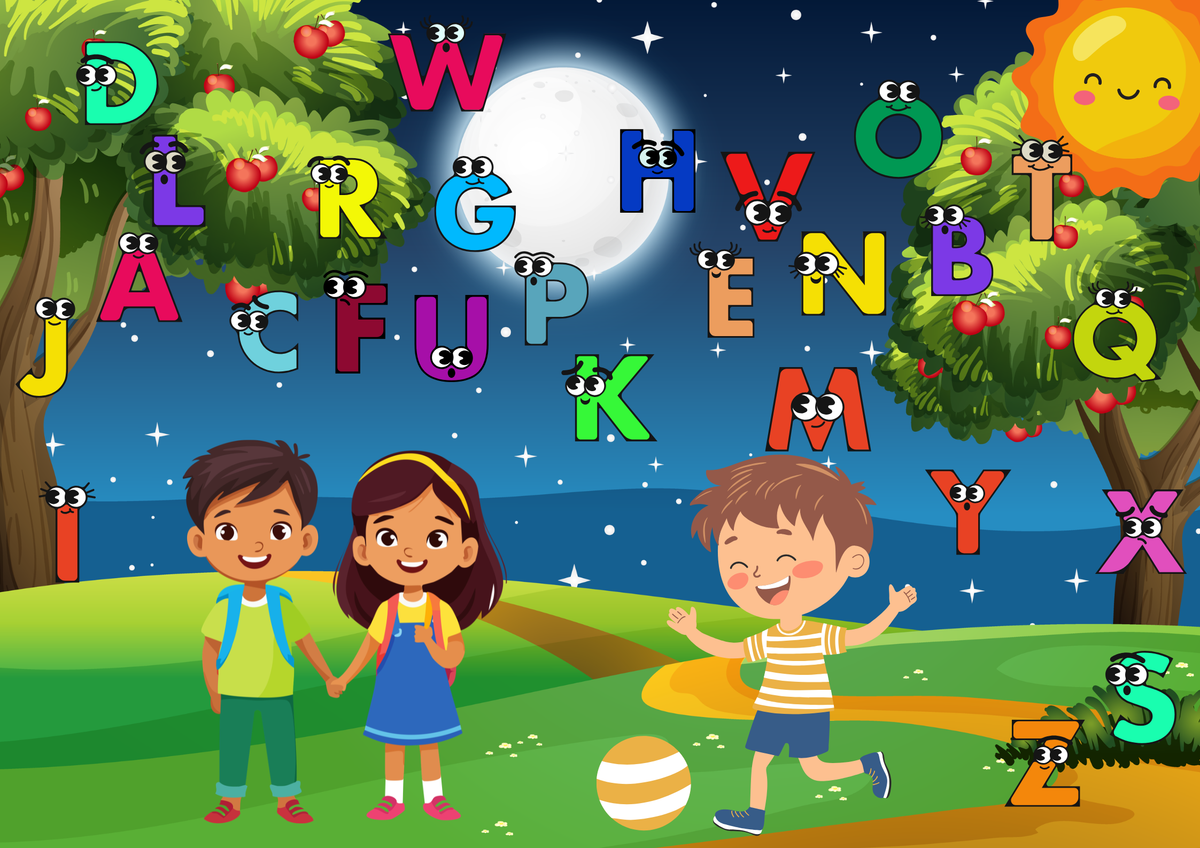 Nachtmond ABC Poster -Digital mit fröhlichen Kindern, bunten Buchstaben und einem leuchtenden Mond im Hintergrund.