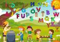 Picknick ABC Poster Digital Kinderzimmer - Bunte Buchstaben und Kinder beim Picknick im Freien
