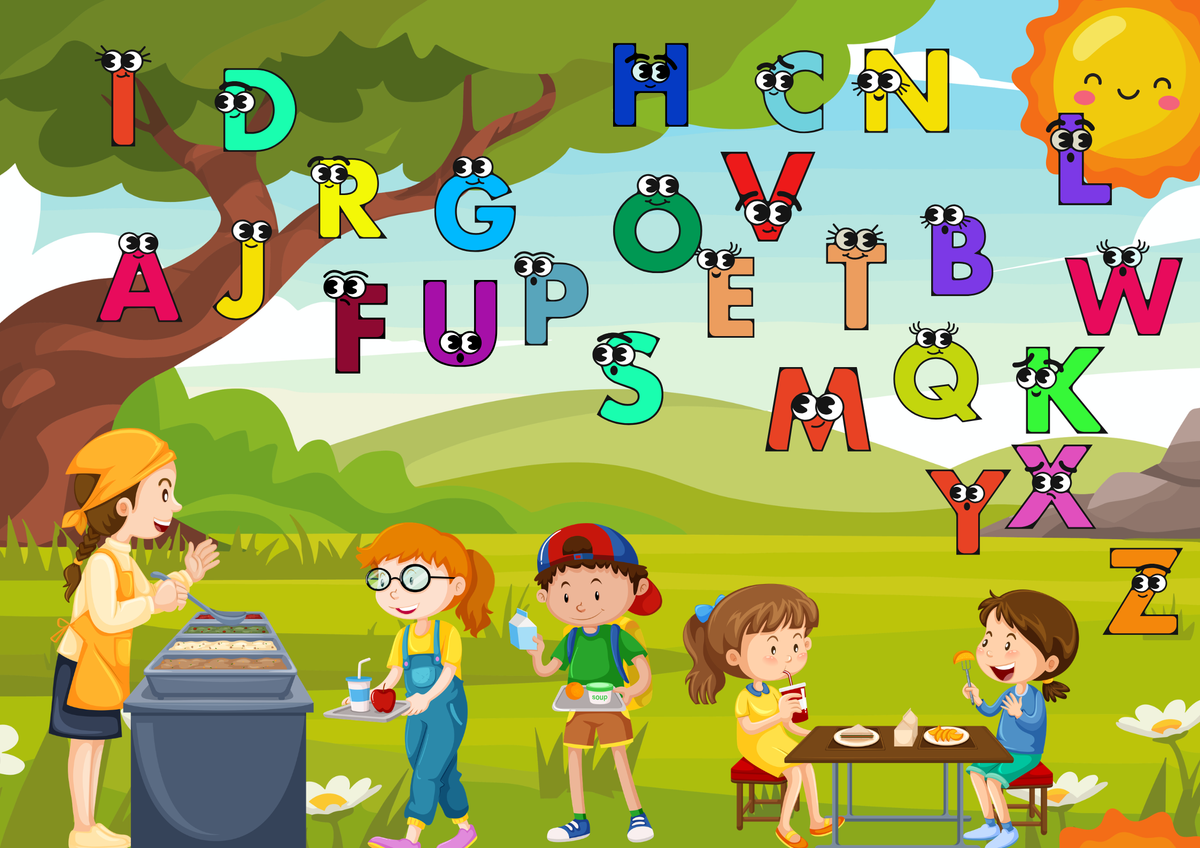 Picknick ABC Poster Digital Kinderzimmer - Bunte Buchstaben und Kinder beim Picknick im Freien