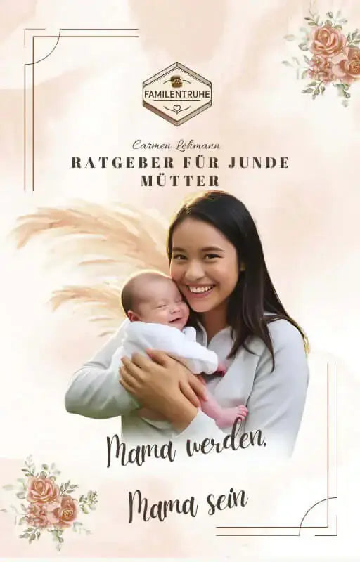 E-Book-Ratgeber für Junge Mütter – Cover mit lächelnder Mutter und Baby, floral dekoriert.