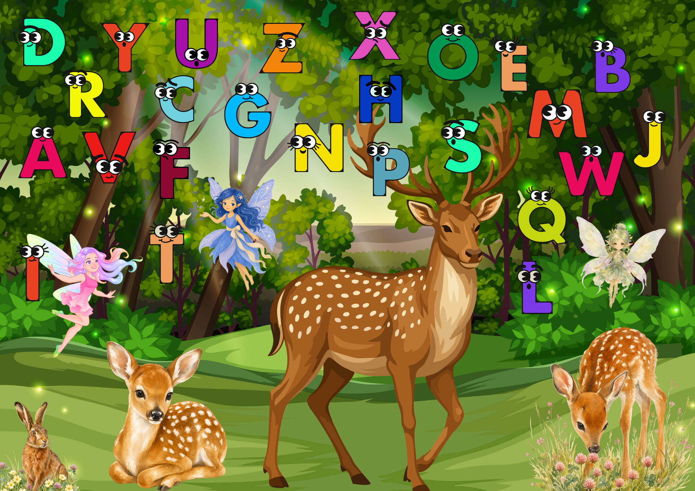 Rehe im Zauberwald Poster Digital mit Buchstaben, Feen und Rehen im Wald, ideal für Kinder, magische Umgebung.