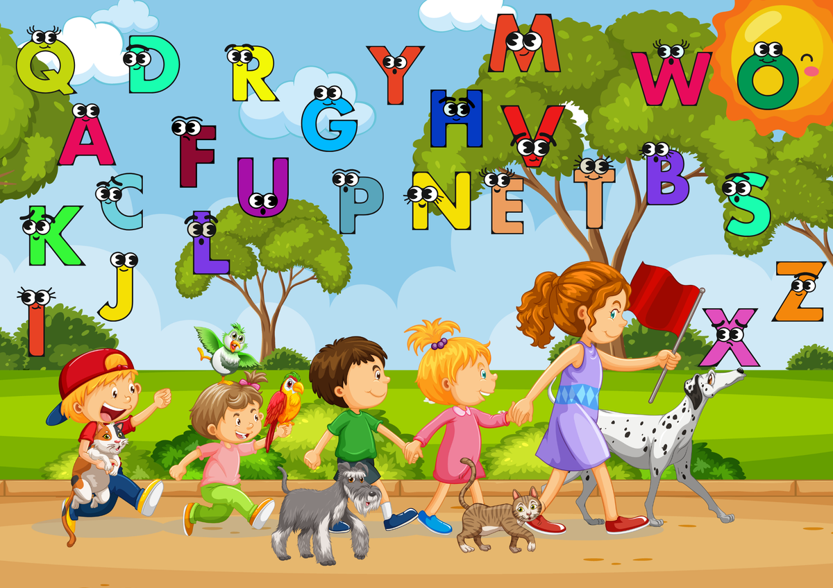 Spaziergang ABC Poster Digital mit Kindern, bunten Buchstaben und Tieren in der Natur.