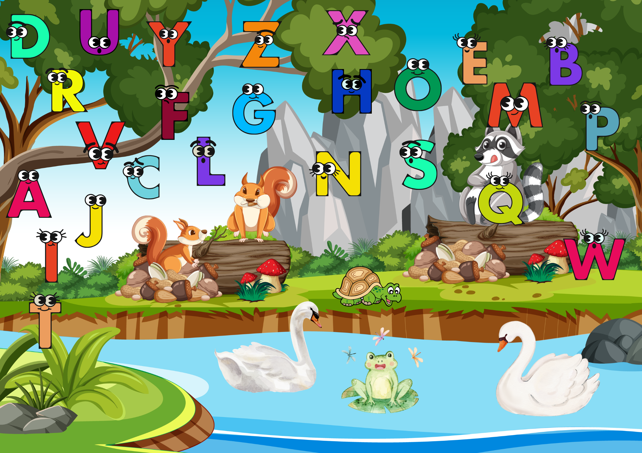 Tiere am See ABC Poster Digital mit bunten Buchstaben und Tieren am Wasser, ideal für Kinder zum Lernspiel.