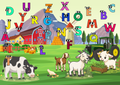 Tiere auf die Bauernhof Wiese ABC Poster Digital mit bunten Buchstaben und Farmtieren in einer farbenfrohen Umgebung.