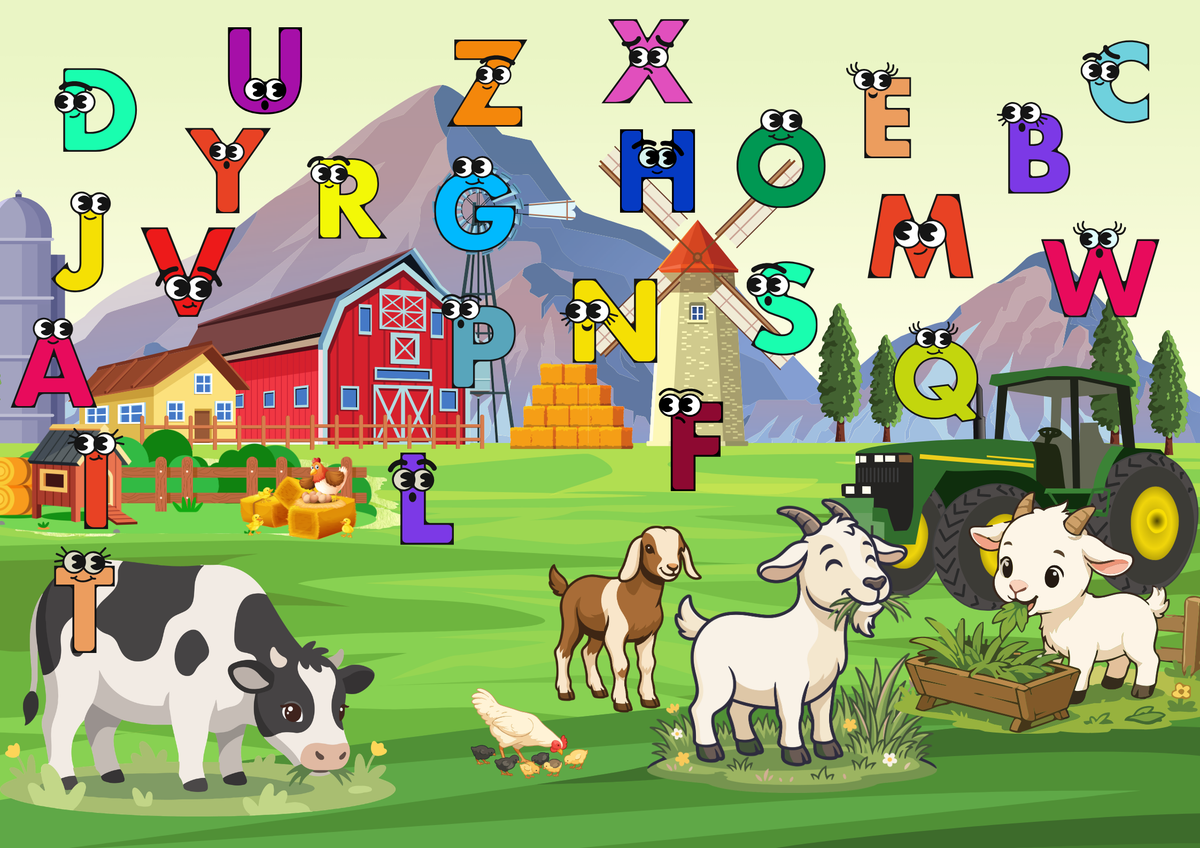 Tiere auf die Bauernhof Wiese ABC Poster Digital mit bunten Buchstaben und Farmtieren in einer farbenfrohen Umgebung.