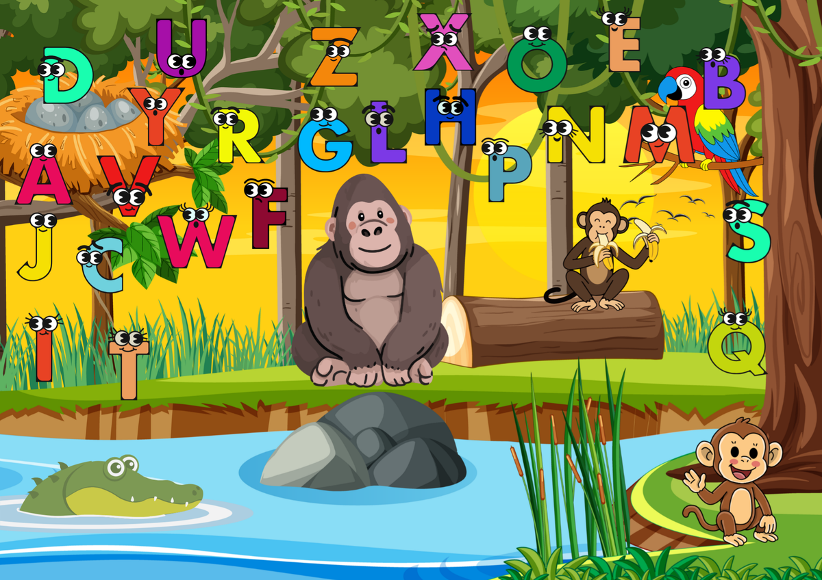 Tiere im Dschungel ABC Poster Digital mit bunten Buchstaben und Dschungeltieren wie Gorillas und Affen.