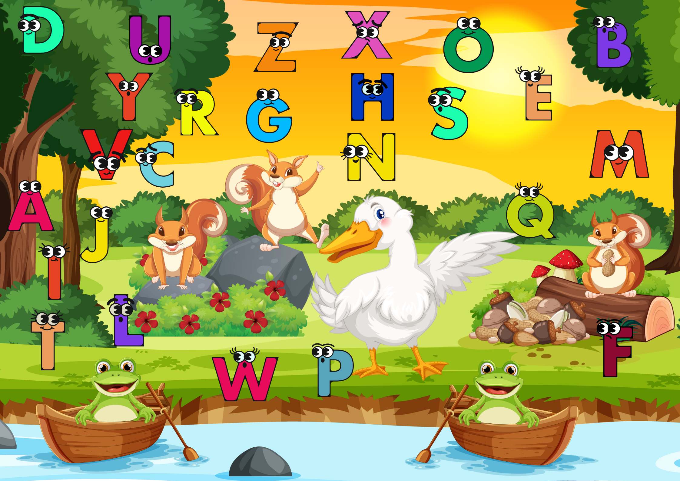 Tierparty am See ABC Poster Digital mit fröhlichen Tieren und bunten Buchstaben am See.